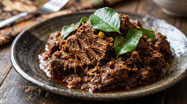 Authentic Indonesian beef rendang slow-cooked with aromatic spices and coconut, served in a rustic ceramic bowl with kaffir lime leaves traditional Southeast Asian cuisine in close-up food photography