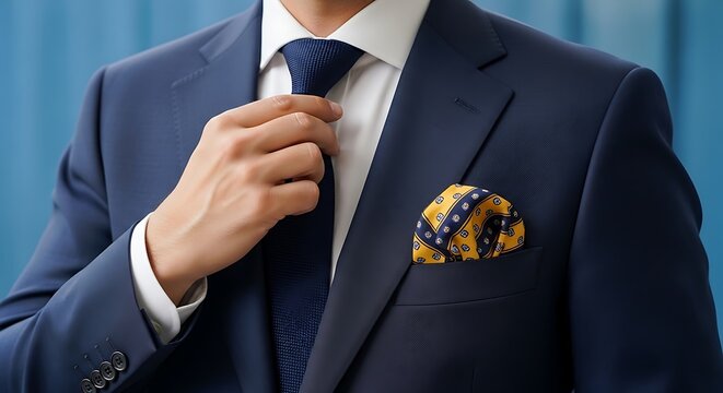Close-up of a man in a navy suit, adjusting his tie and pocket square