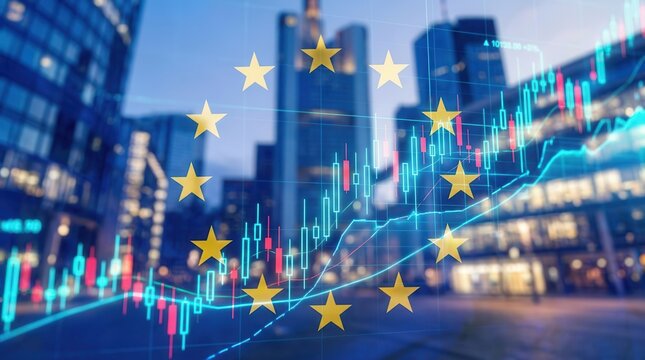 Financial trends in Europe shown through an EU flag and rising stock market data graphics.