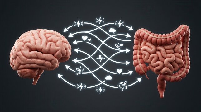 The biological link between the brain and gut with arrows symbolizing mood regulation and probiotics.