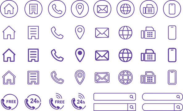 Purple Contact Icon Set with Phone Mail Location and Communication Symbols