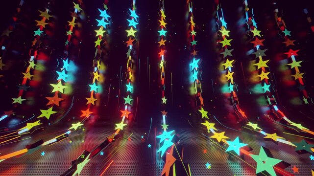 Seamless VJ loop with glowing neon stars abstract structure and psychedelic motion for high-tech club visuals, electronic music festivals, stage screens and for LED video walls