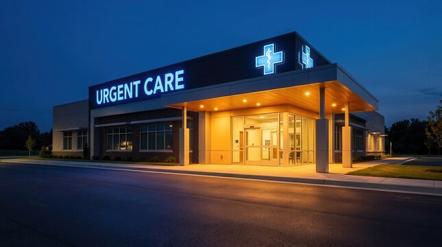 Welcoming entrance of an urgent care clinic featuring a bright blue medical sign.