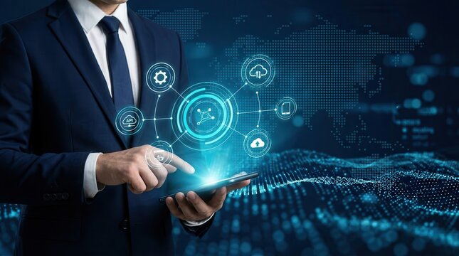 A professional managing cloud platforms and API integration through a mobile device in a coding environment.