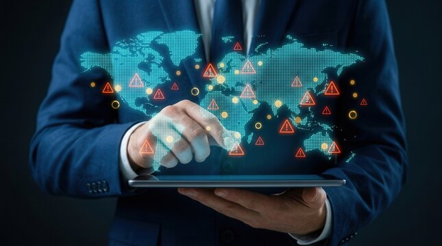 Concept of international conflict and trade wars shown via a digital world map with warning symbols held by a businessman.