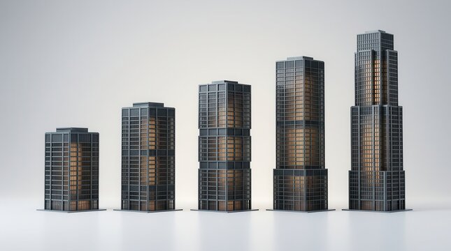 Skyscrapers of increasing scale and height symbolizing organizational growth and business expansion.
