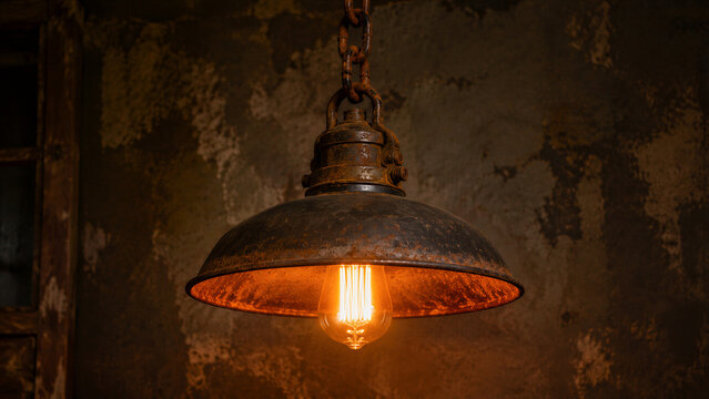 Closeup glowing filament bulb under rusted metal shade