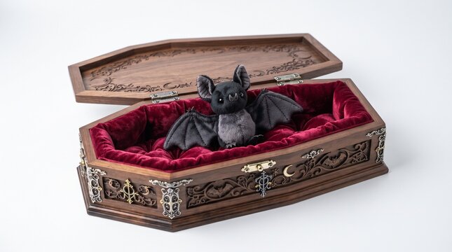 Halloween A charming, plush bat doll rests inside an ornate, carved wooden coffin, lined with rich red velvet, hinting at gothic or Halloween themes.