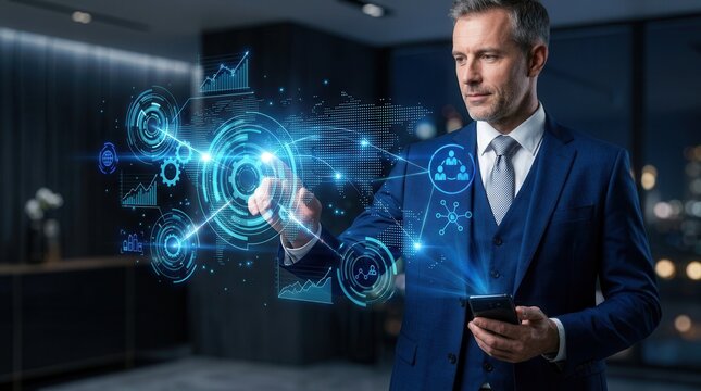 Project management concept featuring a businessman connecting data task tracking and collaboration tools.