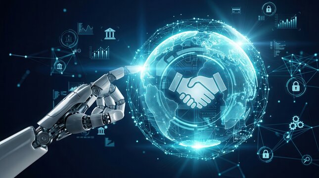 Digital integration and collaborative platforms represented by robot hands and a global business network.