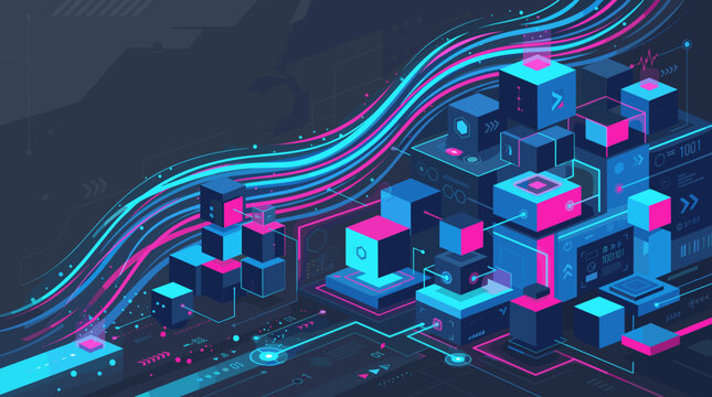 3D Isometric Digital Cyber Server Blocks with Glowing Neon Tech Waves