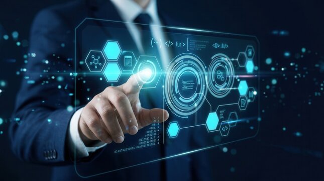 Algorithm development console and data flow models being touched by a businessman for code optimization.