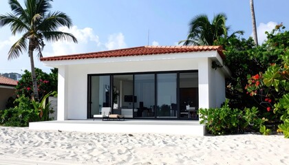 Fototapeta premium Modern white villa on tropical sandy beach with palms.