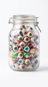 Halloween A glass jar overflows with an assortment of peculiar eyeball candies, their lifelike designs and vibrant colors creating a whimsical and slightly unsettling visual.