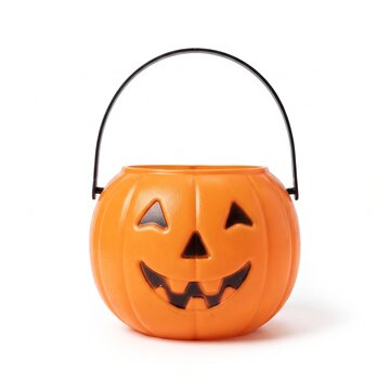 Halloween A plastic Halloween trick-or-treat bucket, shaped like a smiling jack-o'-lantern with a black handle, stands ready to collect candy.