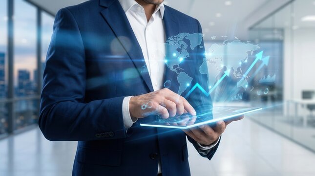 Professional analyzing mobile banking, payment systems, and innovation trends on a digital tablet.