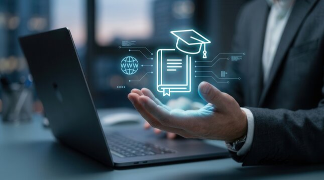 Internet education concept featuring e-library icons and distant online courses on a digital interface.