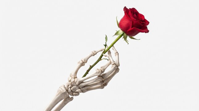 Halloween A skeletal hand delicately holds a vibrant red rose, a striking juxtaposition of life and death symbolizing fleeting beauty and eternal love.
