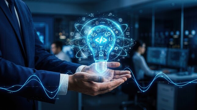 Creative thinking and bright idea concept with a digital network icon and light bulb in a businessman's hands.
