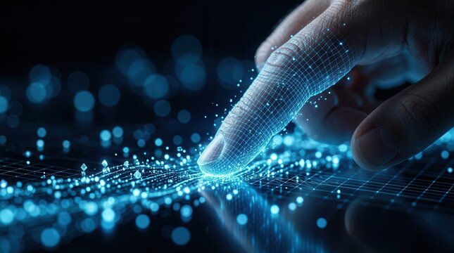 Concept of data stewardship and control through a finger touching digital glowing data points.