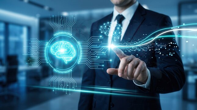 A professional businessman using neural networks and deep learning technology for data mining.