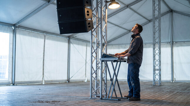 Man checking sound systems while standing in music event tent  