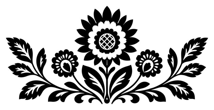 Sunflower folk pattern with decorative leaves and symmetrical floral blooms in traditional style