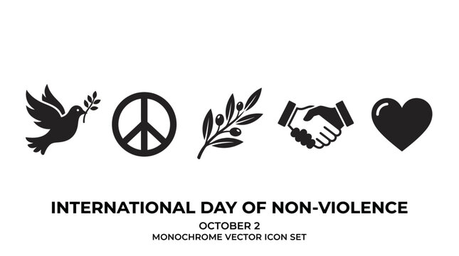 A collection of monochrome vector icons symbolizing peace and non-violence for the International Day of Non-Violence event.
