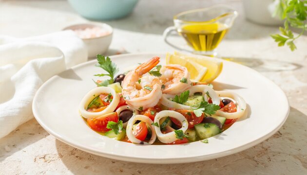 Mediterranean Seafood Salad with Shrimp Calamari Rings Tomatoes Olives Cucumber