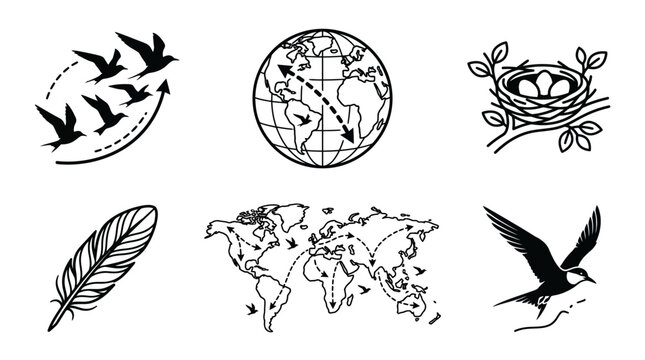 Set of bird migration icons featuring flight paths across a globe and world map, bird nests, and feathers in a minimalist graphic style