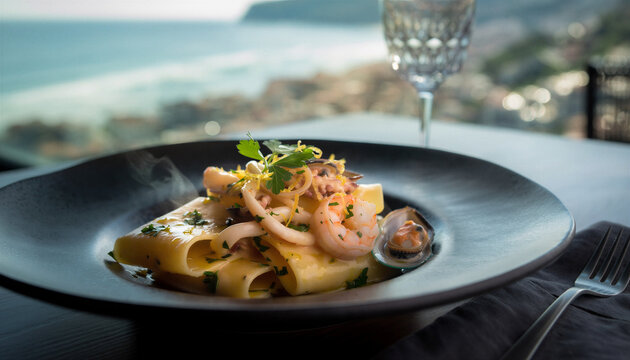 Seafood pasta paccheri with shrimp calamari mussels lemon zest parsley on dark plate coastal ocean view