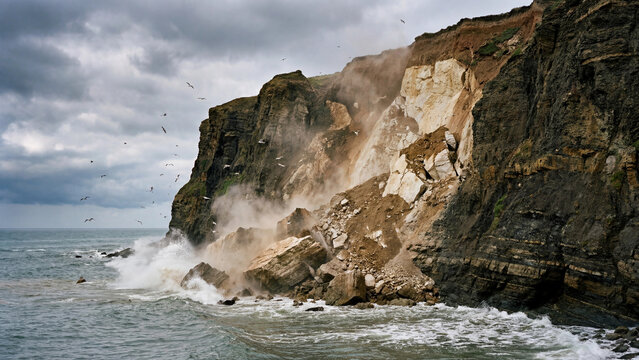 Dramatic coastal cliff collapse with rockfall and dust clouds falling into the ocean