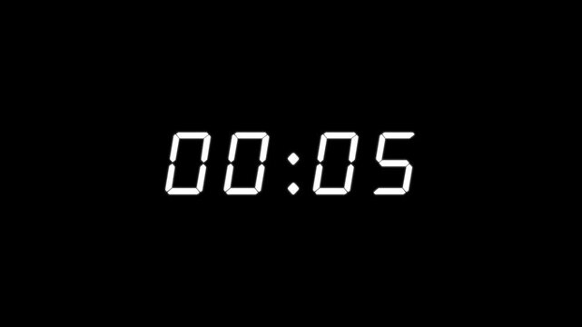 Digital 5 second countdown timer with white led glowing numbers on black background