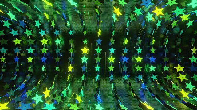 Seamless VJ loop with glowing neon stars abstract structure and psychedelic motion for high-tech club visuals, electronic music festivals, stage screens and for LED video walls