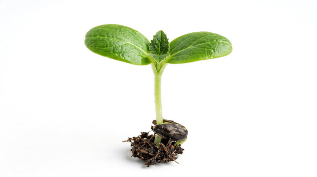 Young vigorous squash seedling sprouting from soil with a dark seed shell attached and vibrant green cotyledon leaves
