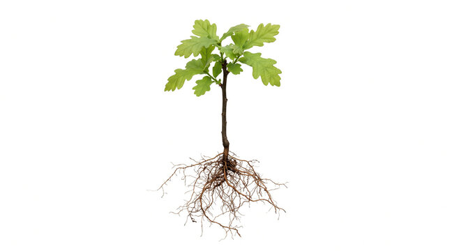 Young oak sapling featuring a straight trunk with fresh green lobed leaves and a complex subterranean root system