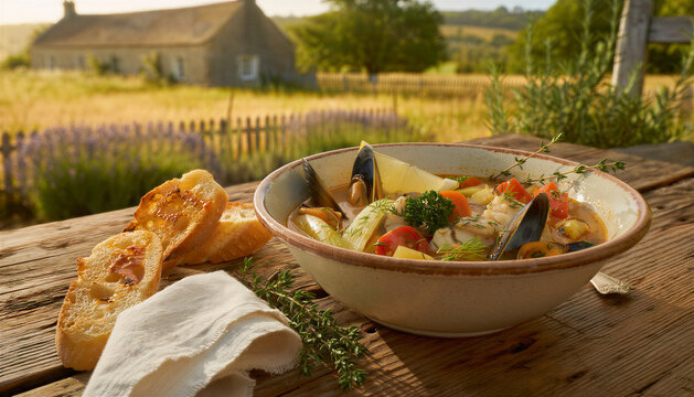Rustic seafood stew with mussels vegetables and toasted bread in ceramic bowl on weathered wood table at golden hour