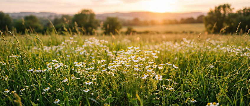 Wild Chamomile Flowers Blooming in Green Meadow at Golden Sunset with Rolling Hills