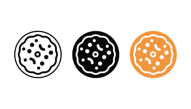 Set of three pizza slice icons in line art solid black and flat orange design styles for modern food delivery applications and restaurant menus presented on a clean white background