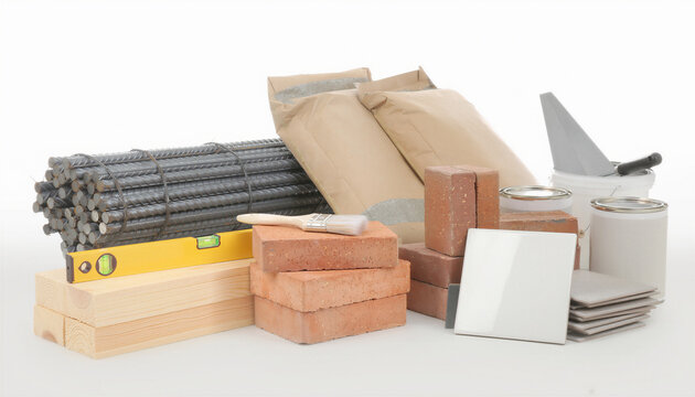 Construction materials collection rebar bricks cement bags tiles wood lumber and tools on white background