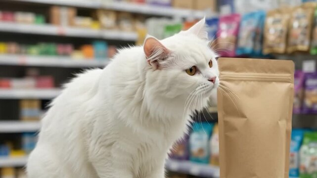 A fluffy white cat looking at a blank paper pouch