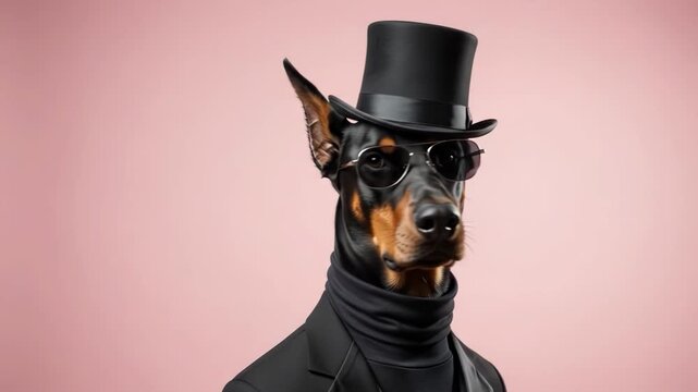 Doberman dog wearing a top hat and sunglasses