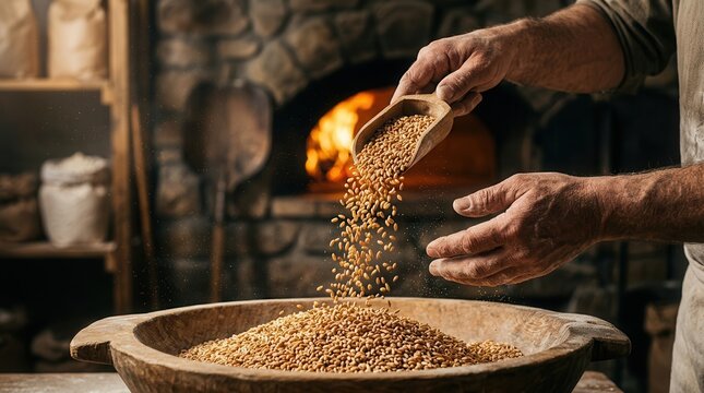 Close up of hands dropping spelt grains into a wooden bowl near a stone pizza oven.