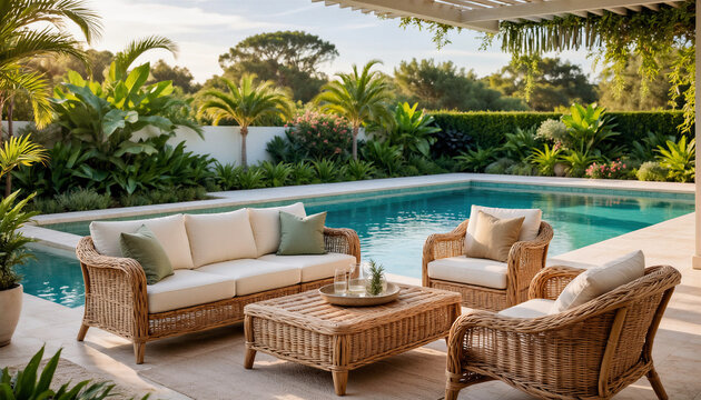 Wicker rattan patio sofa and chairs with cream cushions beside turquoise pool in lush tropical garden