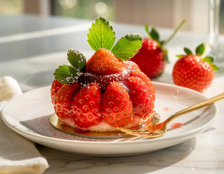 Glossy fresh strawberry dome dessert with powdered sugar and mint leaves on white plate golden fork marble surface