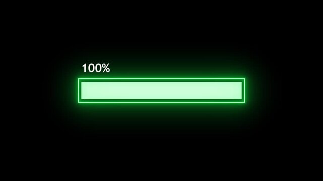 Green neon loading progress bar animation showing 100 percent complete on black background. 4k.