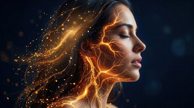 A conceptual visualization of the limbic system and oxytocin effects using energy particles in a woman's profile.