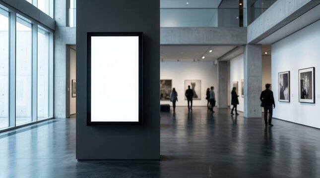 Museum interior with a blank digital signage screen for educational and exhibit information displays.