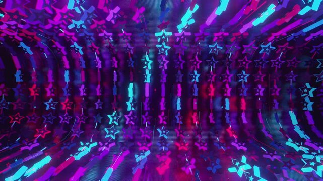 Seamless VJ loop with glowing neon stars abstract structure and psychedelic motion for high-tech club visuals, electronic music festivals, stage screens and for LED video walls