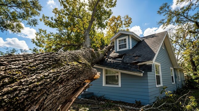 Damage to a blue house after a storm with a massive tree trunk on the roof.